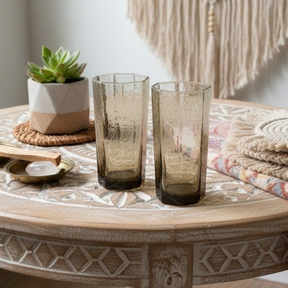 Libbey Glass Facets Brown Tumblers, Set of 2, Vintage Textured Amber Glasses